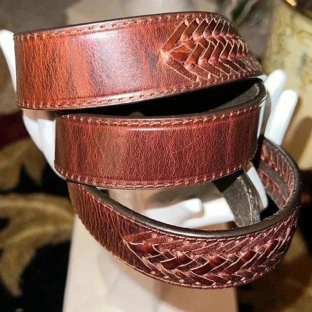 Men’s Brown Leather Braided Solid Belt with Solid Brass Buckle Size 42